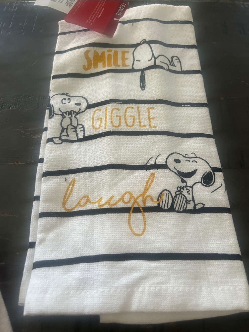 Peanuts White and Gold 'Smile Giggle Laugh' Snoopy Kitchen Towel